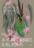 A square illustrated cover design featuring a green bird hanging among pink blossoms and long gray-green leaves on a taupe background, with the text '2027' at the top and 'A YEAR OF BIRDS & BLOOMS' at the bottom.