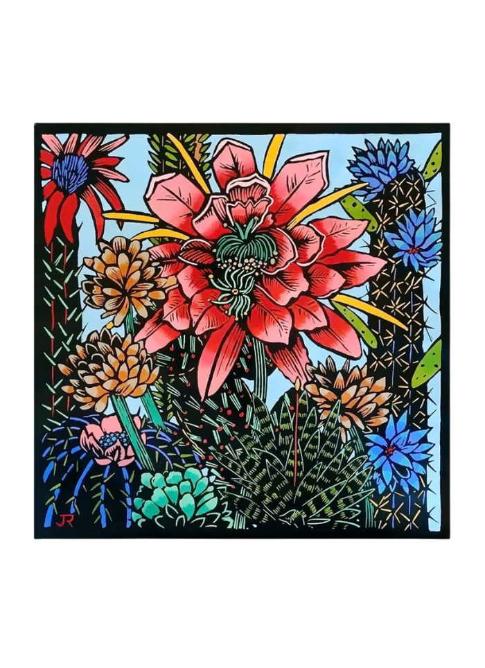 Jude Rose art card featuring  a group of cactus with flowers in pinks and purples.