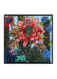Jude Rose art card featuring  a group of cactus with flowers in pinks and purples.