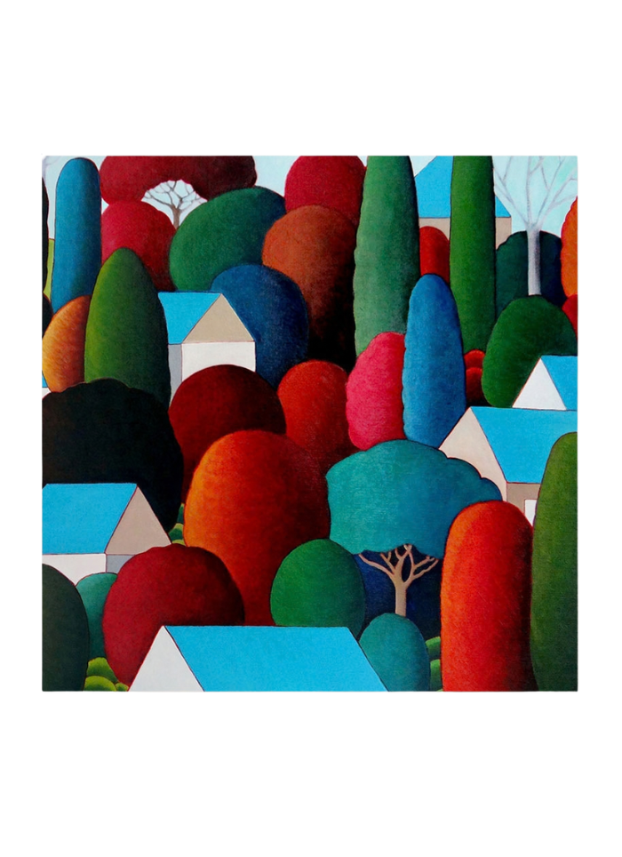 An art card by Jude Rose of stylised roofs and trees in blues and reds.