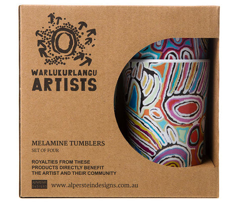 Warlukurlangu Artists melamine tumblers set in packaging with colorful design
