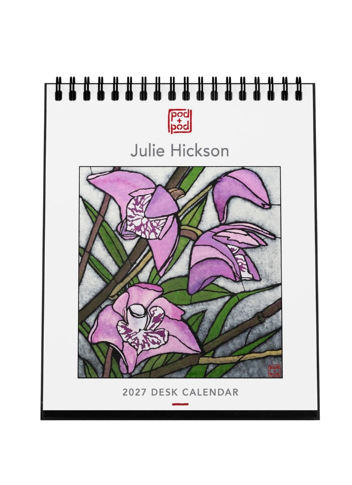 2027 desk calendar by Julie Hickson with floral design on a white background