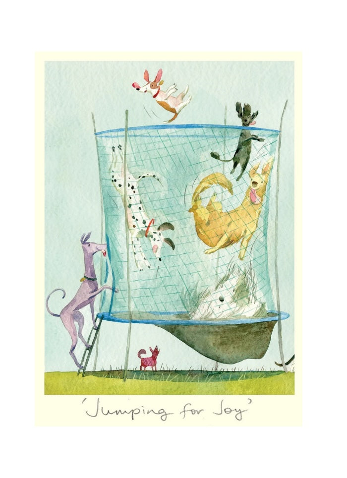 Illustration of animals playing around a trampoline with text 'Jumping for Joy'.