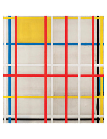 Abstract art with a grid pattern featuring red, yellow, and blue lines on a beige background