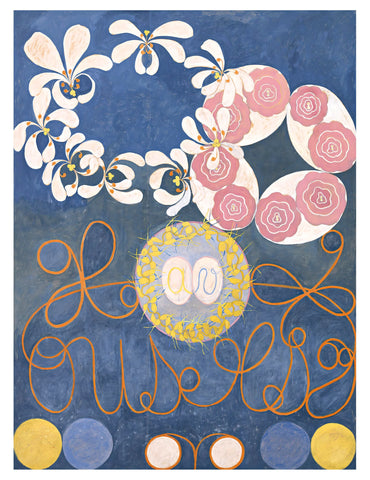 Blue artwork with colourful abstract patterns