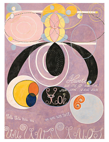 Purple artwork with colourful abstract marks.