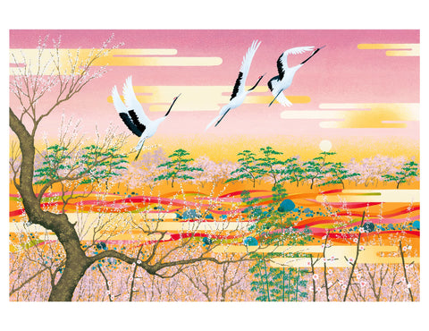 Artistic depiction of cranes flying over a landscape with trees and a colorful sky.