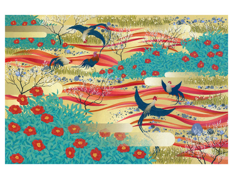 Colorful illustration of peacocks and flowers with abstract patterns