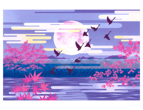 Futuristic landscape with a large moon, birds, and pink trees.