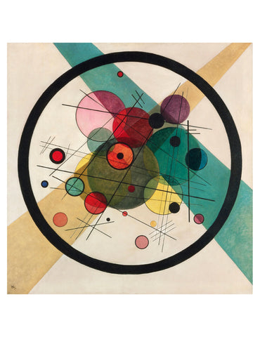 Abstract art piece with colorful circles and geometric shapes on a beige background