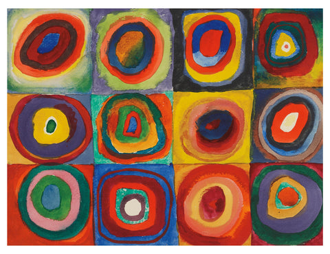 Grid of colorful circular patterns in a style reminiscent of Kandinsky