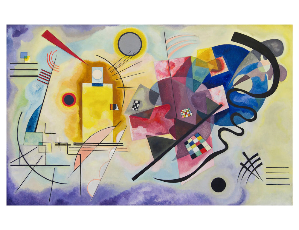 Abstract artwork with geometric shapes and vibrant colors on a yellow background