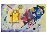 Abstract artwork with geometric shapes and vibrant colors on a yellow background