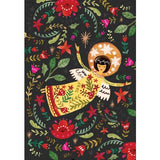 An angel and lots of colourful flowers on a black background