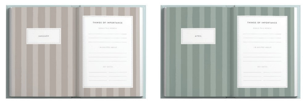 Two notebooks with striped covers and white pages displaying text.