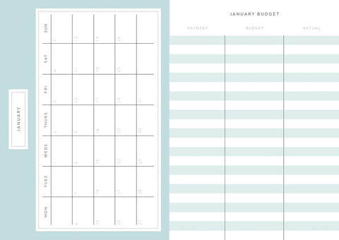January budget planner with grid layout on a light blue background