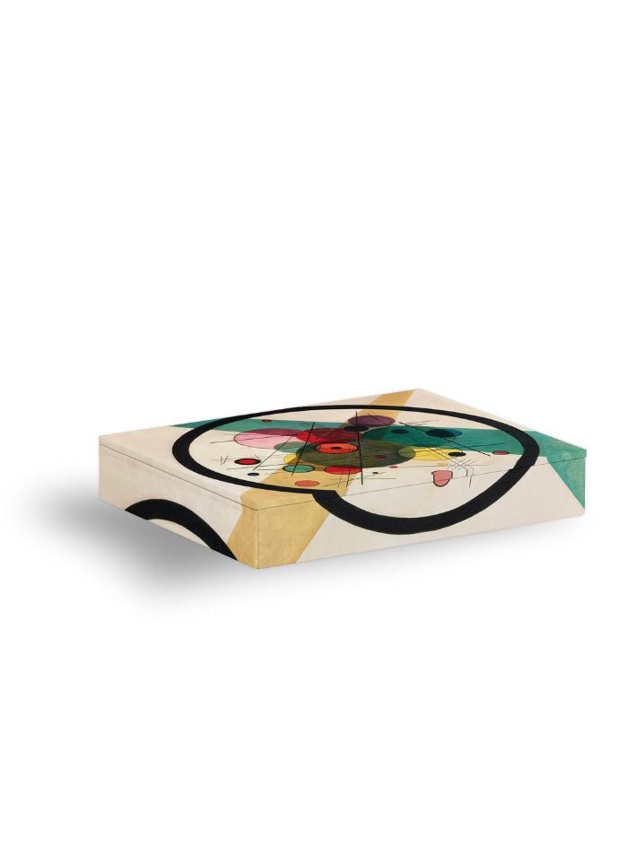 Colorful box of notecards with a design on a white background