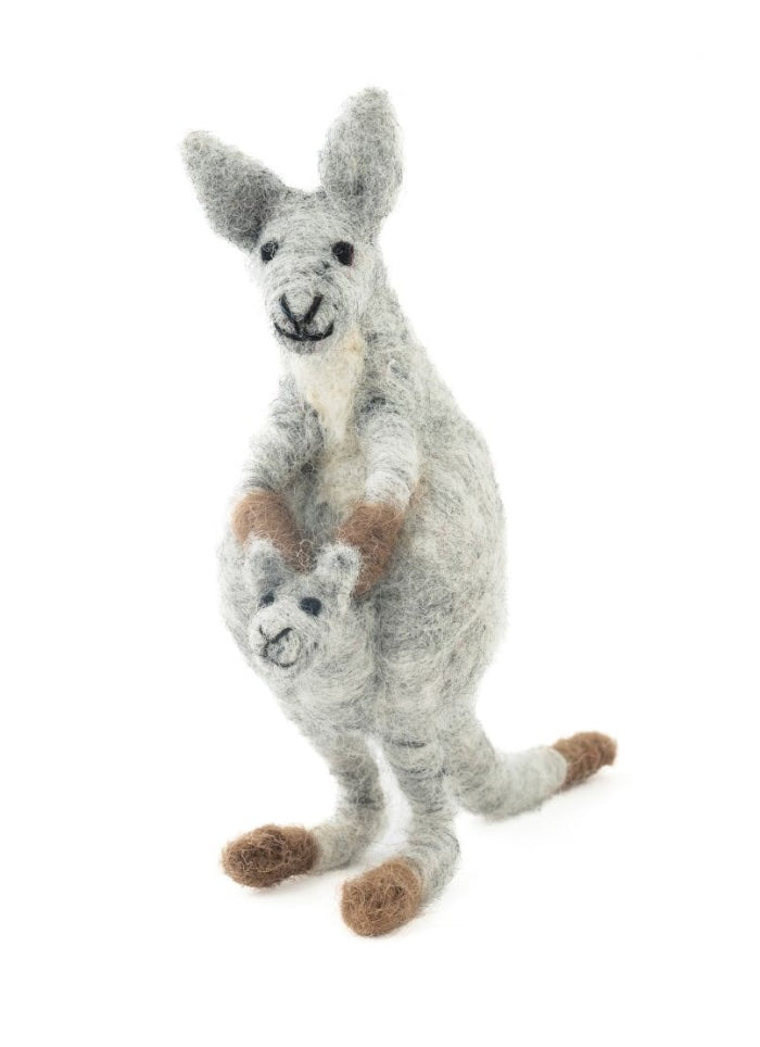 Felted toy kangaroo with a baby kangaroo on a white background