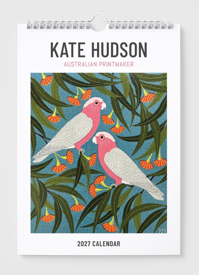 Calendar cover with parrots and leaves, featuring Kate Hudson's Australian Printmaker branding.