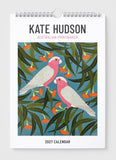 Calendar cover with parrots and leaves, featuring Kate Hudson's Australian Printmaker branding.
