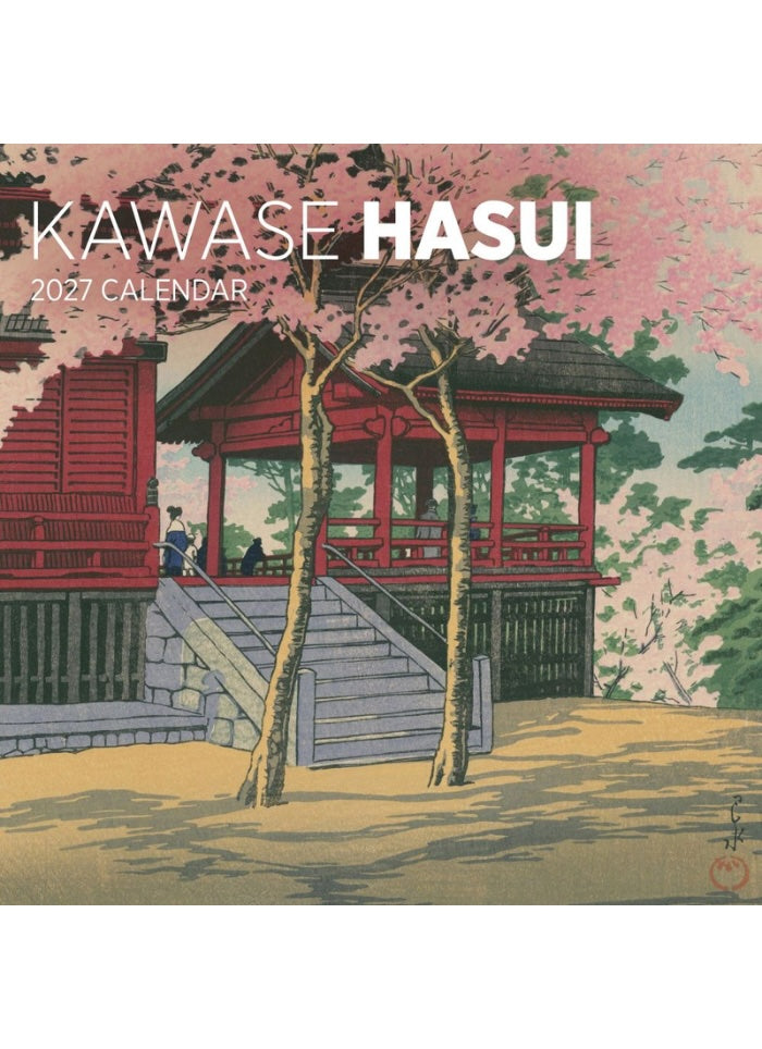 Kawase Hasui 2027 calendar cover with cherry blossom and traditional Japanese architecture illustration.