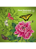 Front cover of the Floral Illustrated Calendar 2027, featuring a vibrant botanical illustration with a large pink peony, green leaves, and various colorful butterflies and bees on a bright green background.