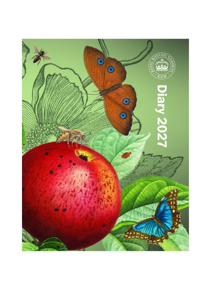 A 2027 daily planner cover featuring a botanical illustration with a red apple, green leaves, butterflies, and bees on a light green background. The right side includes the text 'Diary 2027' and a circular seal reading 'St.