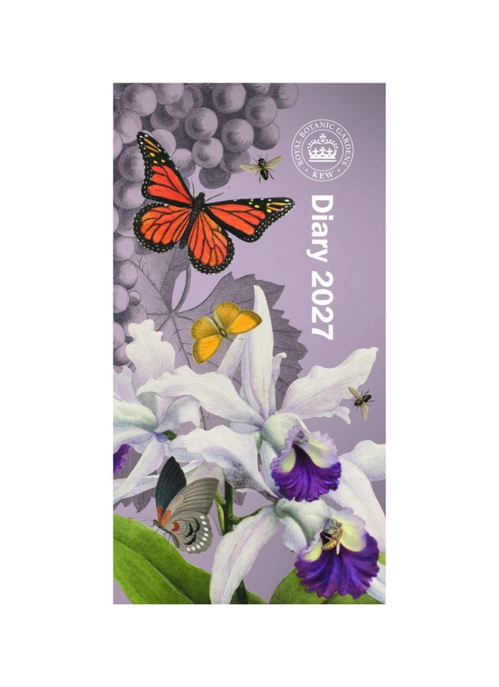 A slim purple diary with an orange butterfly and white and purple flowers on the front