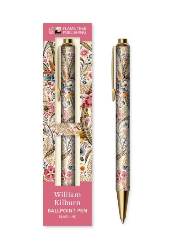 Floral-patterned ballpoint pen with packaging on a white background