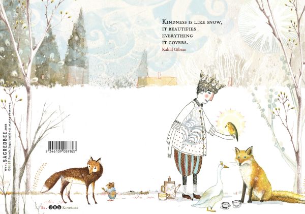 Illustrated book cover with a king, fox, and birds in a snowy landscape, featuring a quote about kindness.