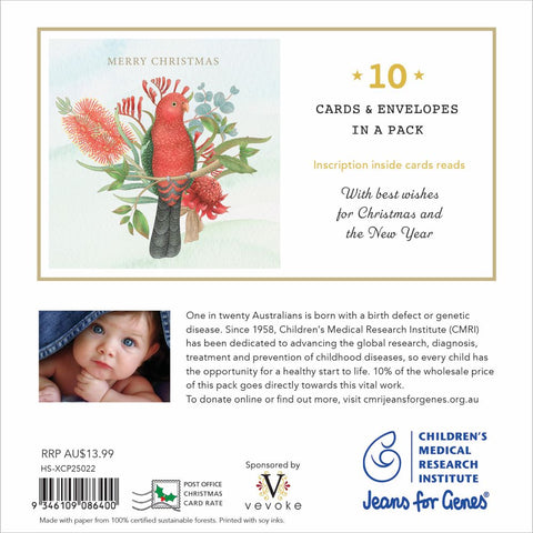Christmas card packaging with a red bird illustration and promotional text for Children's Medical Research Institute.
