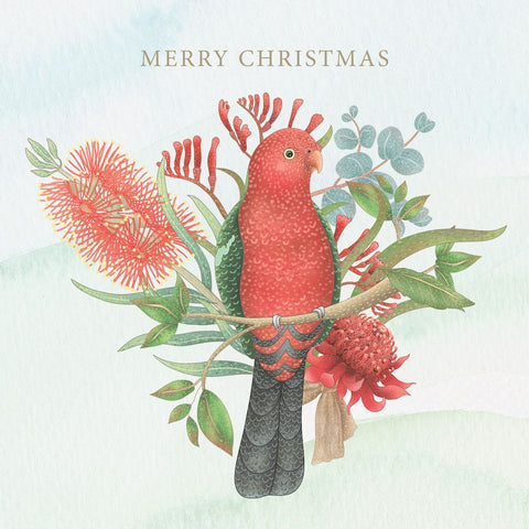 Red parrot on a branch with flowers and 'Merry Christmas' text on a light background