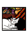 Square card with an artwork with 2 cats a black and a white curled up together on colourful rugs.