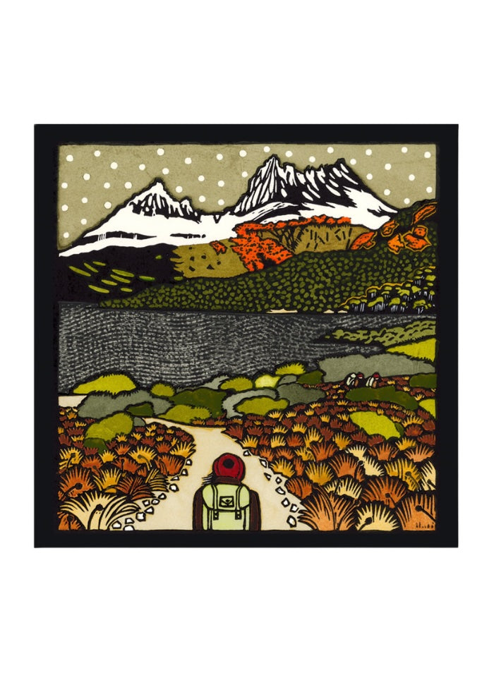 Square cards with a picture of snow covered mountains and path leading up to them with a bushwalker.