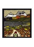 Square cards with a picture of snow covered mountains and path leading up to them with a bushwalker.