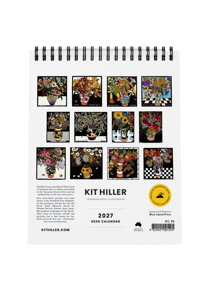 Back cover of Kit Hiller Desk Calendar with an image for each month of the year.