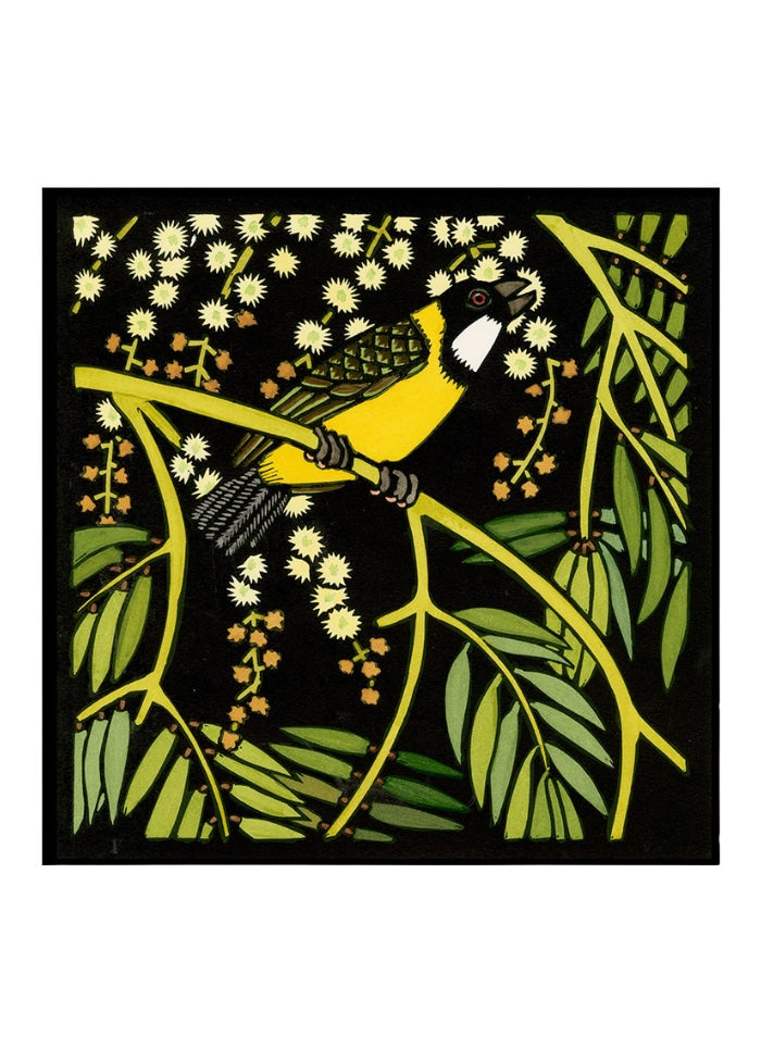 A square art print featuring a stylized yellow bird perched on a branch among green leaves and small white flowers on a black background, centered on a white canvas.
