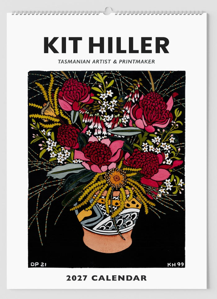 Front cover of large Kit Hiller calendar with a vase of warratahs and other native flowers.
