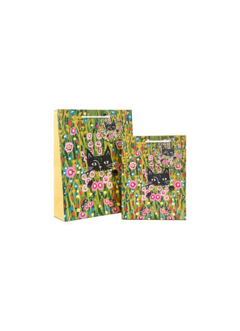 2 yellow paper gift bags with a black cat in a field of flowers by Niaski