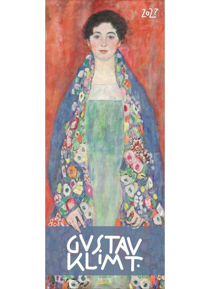 Painting of a lady in a green dress and colourful caot on a red background with test saying Gustav Klimt
