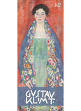 Painting of a lady in a green dress and colourful caot on a red background with test saying Gustav Klimt
