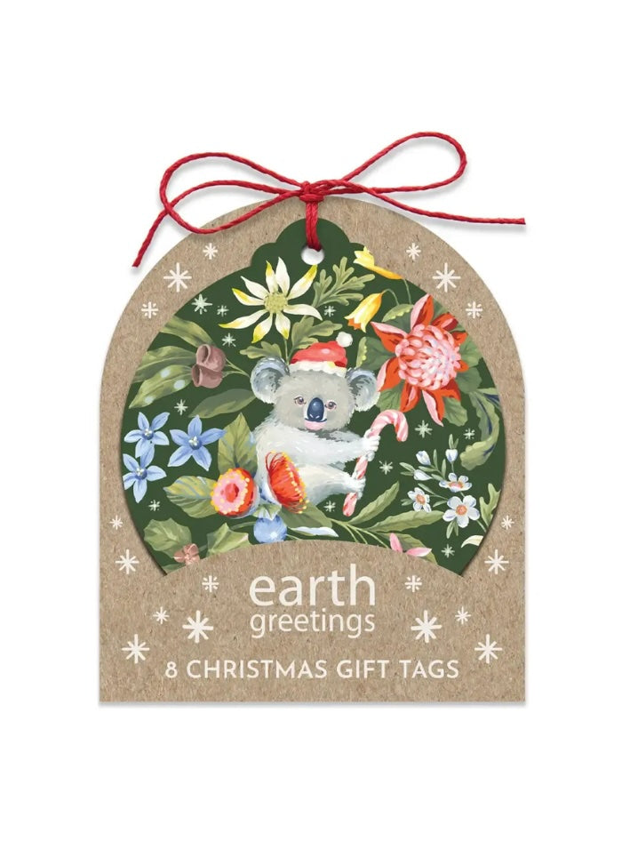 Packaging of 'earth greetings' Christmas gift tags with a koala illustration on a white background.