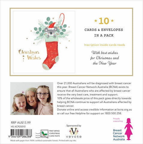 Packaging of Christmas cards with a red stocking and 'Christmas Wishes' text, featuring Breast Cancer Network Australia information.