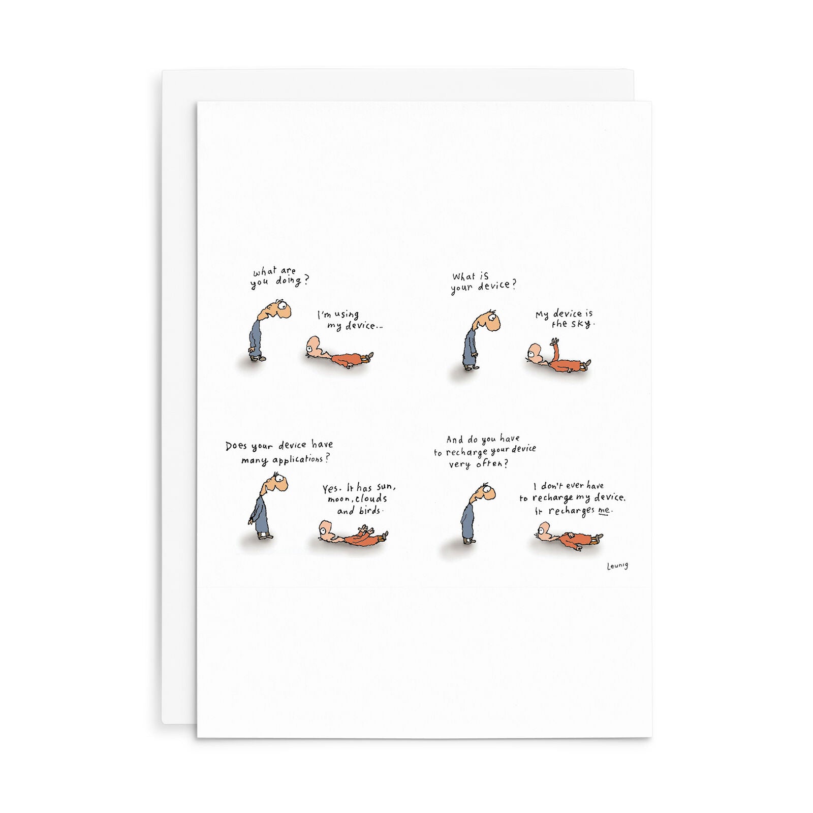 A white greeting card with six small cartoon illustrations arranged in a grid, each showing a person interacting with a phone and accompanied by humorous text captions. A second white card is partially visible behind the main card on a clean white background.