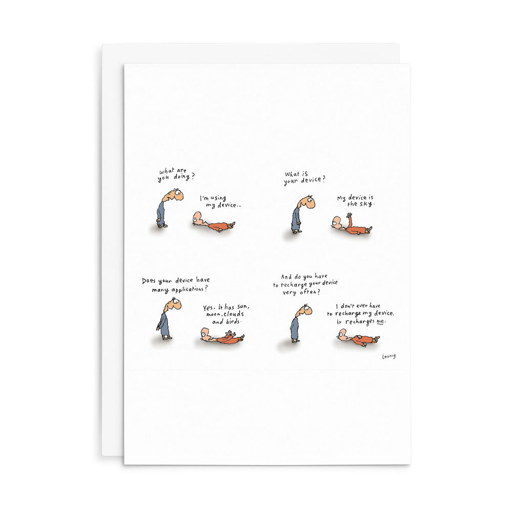A white greeting card with six small cartoon illustrations arranged in a grid, each showing a person interacting with a phone and accompanied by humorous text captions. A second white card is partially visible behind the main card on a clean white background.