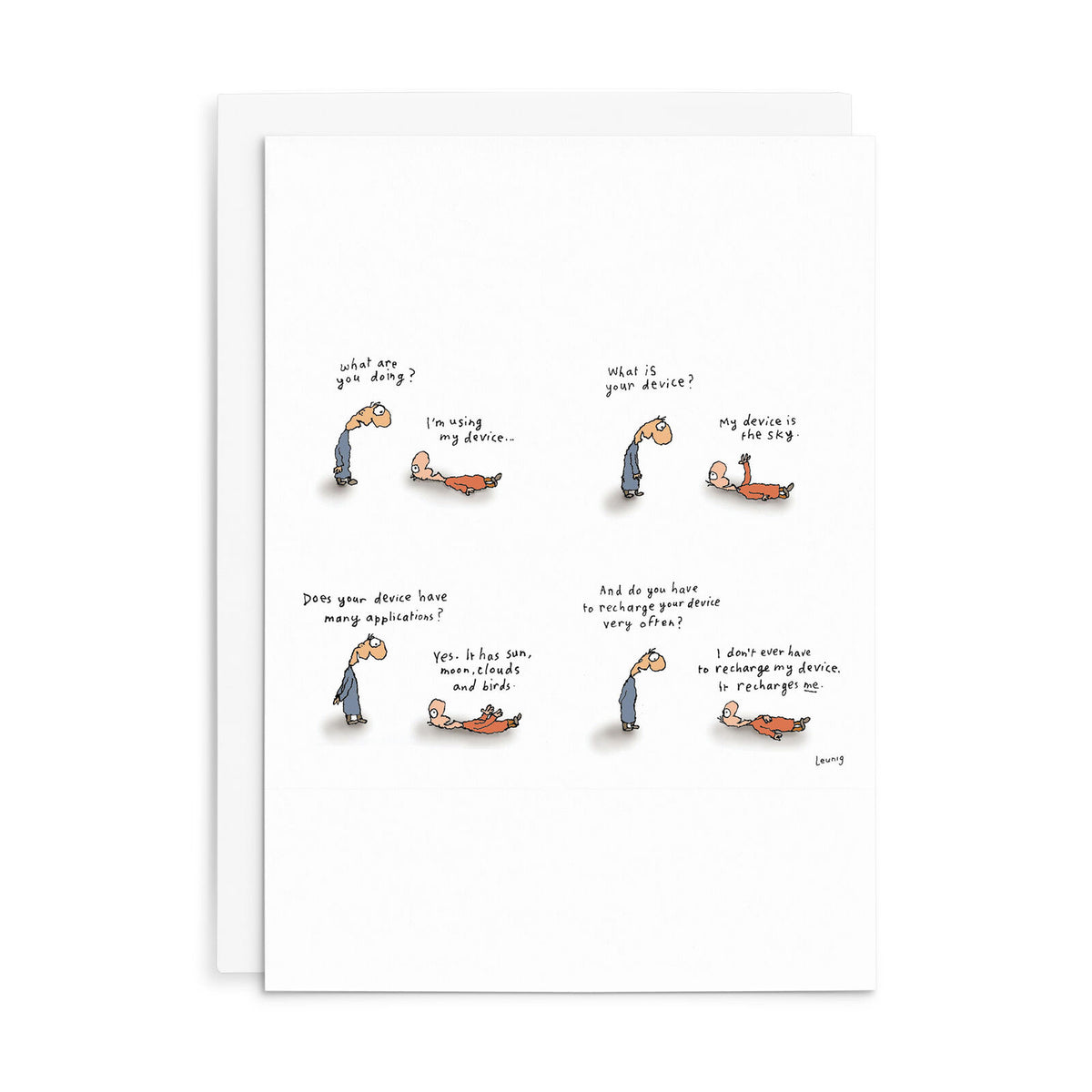 A white greeting card with six small cartoon illustrations arranged in a grid, each showing a person interacting with a phone and accompanied by humorous text captions. A second white card is partially visible behind the main card on a clean white background.