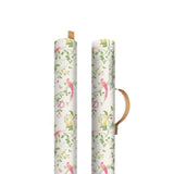 Two rolls of floral-patterned paper with wooden handles on a white background