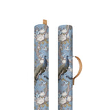 Two cylindrical containers with peacock and floral design on a blue background.