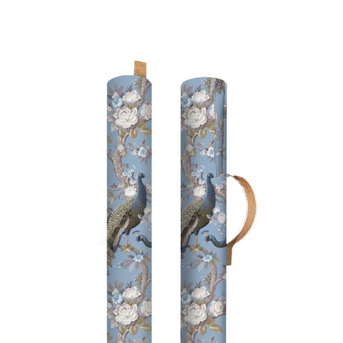 Two cylindrical containers with peacock and floral design on a blue background.