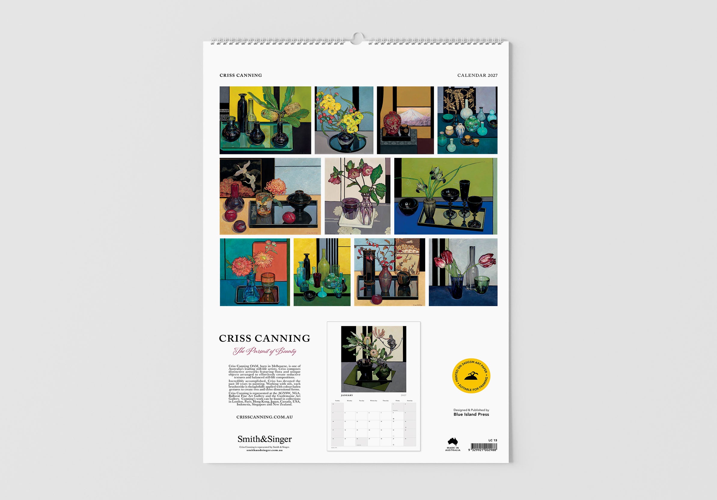 Wall calendar with various images of vases and flowers on a white background